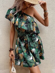 SHEIN VCAY 熱帶圖案單肩荷葉邊繫腰帶連衣裙 - 彩色 - 查看 4