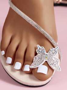 水鑽蝴蝶裝飾T字帶涼鞋 - 米色 - 查看 6