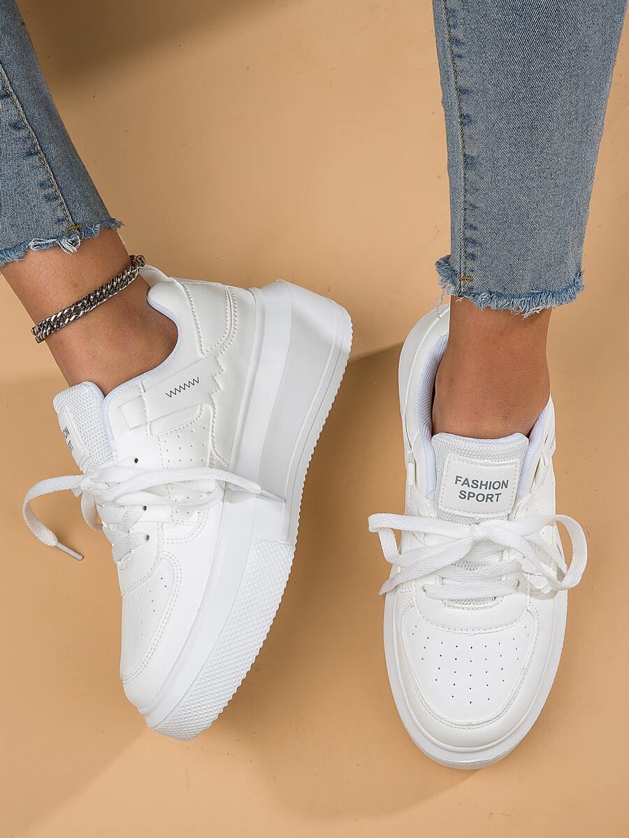 Women Lace-up Front Letter Patch Decor Casual Shoes, Sporty White Skate Shoes - White - View 1