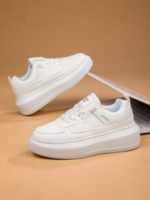 Women Lace-up Front Letter Patch Decor Casual Shoes, Sporty White Skate Shoes - White - View 2