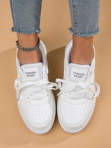 Women Lace-up Front Letter Patch Decor Casual Shoes, Sporty White Skate Shoes - White - View 4