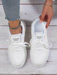 Women Lace-up Front Letter Patch Decor Casual Shoes, Sporty White Skate Shoes - White - View 5
