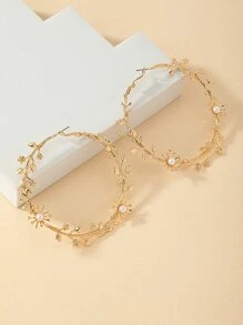 Faux Pearl & Leaf Decor Hoop Earrings