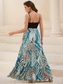 YISIKADO Leopard & Zebra Striped Print Contrast Lace Ruffle Hem Cami Dress - Multicolor - View 2