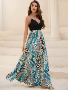 YISIKADO Leopard & Zebra Striped Print Contrast Lace Ruffle Hem Cami Dress - Multicolor - View 3