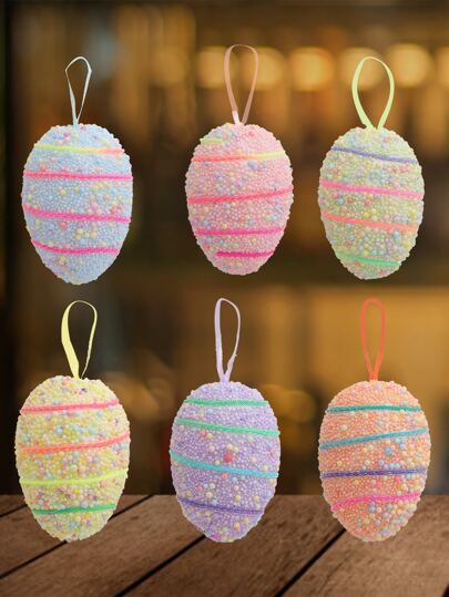 6入組條紋蛋設計裝飾彩色掛飾適合節日裝飾