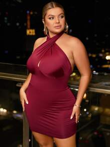 SHEIN SXY Plus Cross Wrap Backless Halter Bodycon Dress - Burgundy - View 3