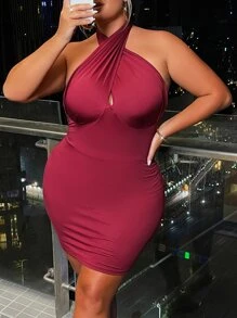 SHEIN SXY Plus Cross Wrap Backless Halter Bodycon Dress - Burgundy - View 7