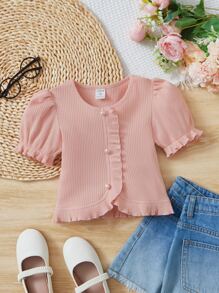 SHEIN Young Girl Elegant Faux Pearl Decor Button Ruffle Hem Puff Sleeve Rib Knit T-Shirt - Baby Pink - View 1