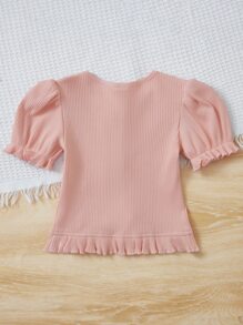 SHEIN Young Girl Elegant Faux Pearl Decor Button Ruffle Hem Puff Sleeve Rib Knit T-Shirt - Baby Pink - View 2
