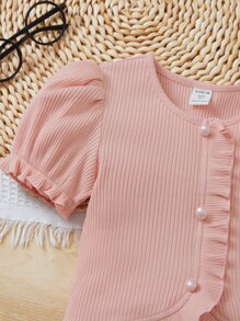 SHEIN Young Girl Elegant Faux Pearl Decor Button Ruffle Hem Puff Sleeve Rib Knit T-Shirt - Baby Pink - View 3