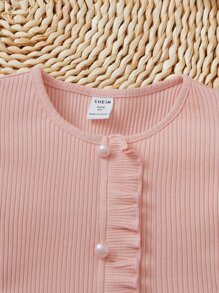 SHEIN Young Girl Elegant Faux Pearl Decor Button Ruffle Hem Puff Sleeve Rib Knit T-Shirt - Baby Pink - View 4