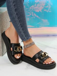 Women Chain Decor Cut Out Sandals, Fashionable Flatform Slide Sandals For Outdoor - Black - View 3