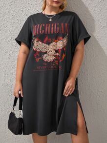 SHEIN EZwear Plus Eagle & Slogan Graphic Split Hem Tee Dress, Summer - Dark Grey - View 1