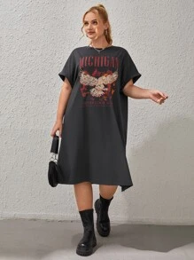 SHEIN EZwear Plus Eagle & Slogan Graphic Split Hem Tee Dress, Summer - Dark Grey - View 2