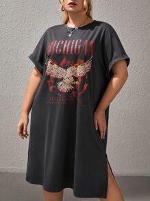 SHEIN EZwear Plus Eagle & Slogan Graphic Split Hem Tee Dress, Summer - Dark Grey - View 4