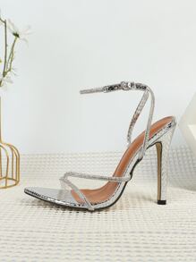 Jin Bei Qi 女士尖头蛇纹水钻交叉踝带露趾高跟凉鞋，时尚、优雅、时尚，非常适合派对和正式场合，银色高跟鞋 - 銀色 - 查看 3