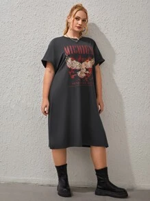 SHEIN EZwear Plus Eagle & Slogan Graphic Split Hem Tee Dress, Summer - Dark Grey - View 5