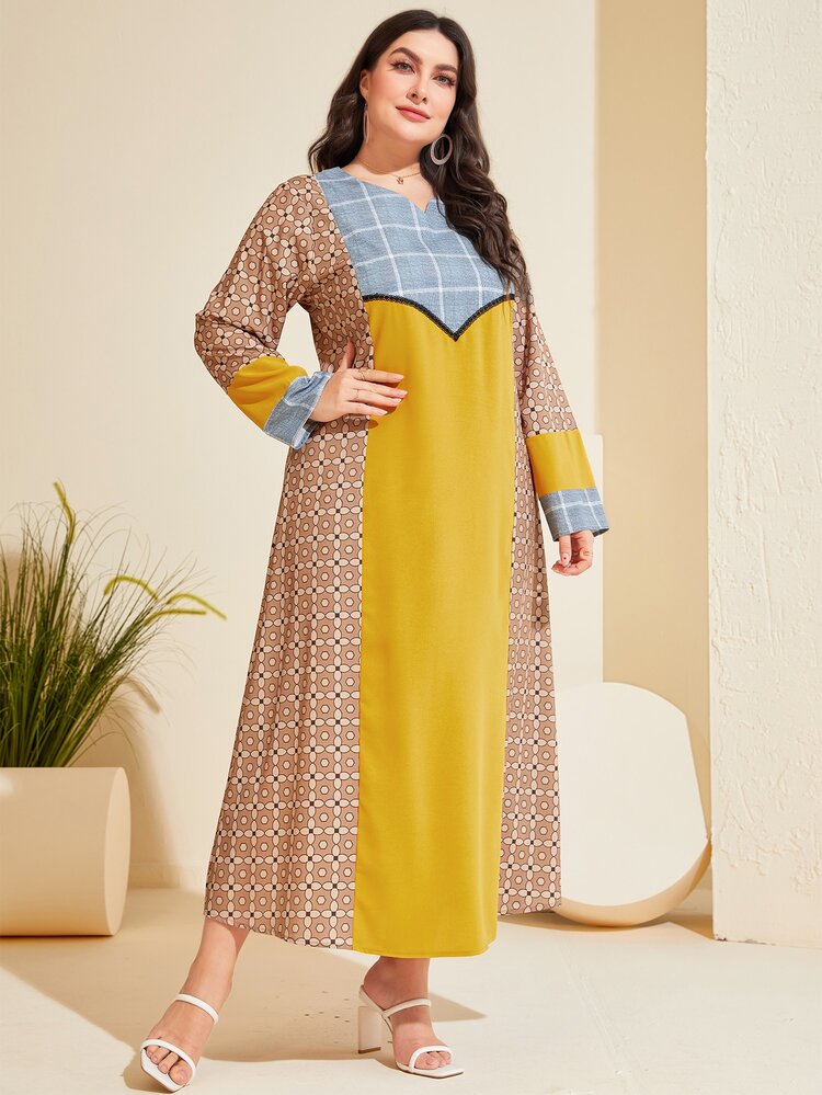 Al Najma Đầm Plus Size Khối Màu Hình học Khiêm tốn - màu nâu - Xem 1