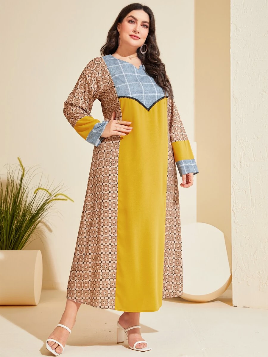 Al Najma Đầm Plus Size Khối Màu Hình học Khiêm tốn - màu nâu - Xem 1