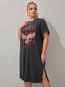 SHEIN EZwear Plus Eagle & Slogan Graphic Split Hem Tee Dress, Summer - Dark Grey - View 6
