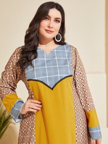 Al Najma Đầm Plus Size Khối Màu Hình học Khiêm tốn - màu nâu - Xem 3