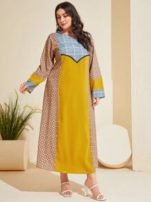Al Najma Đầm Plus Size Khối Màu Hình học Khiêm tốn - màu nâu - Xem 4
