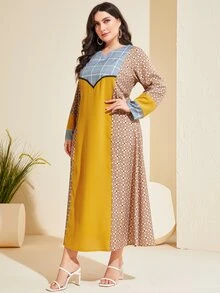 Al Najma Đầm Plus Size Khối Màu Hình học Khiêm tốn - màu nâu - Xem 5