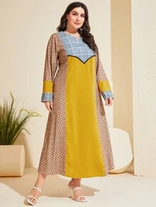 Al Najma Đầm Plus Size Khối Màu Hình học Khiêm tốn - màu nâu - Xem 6