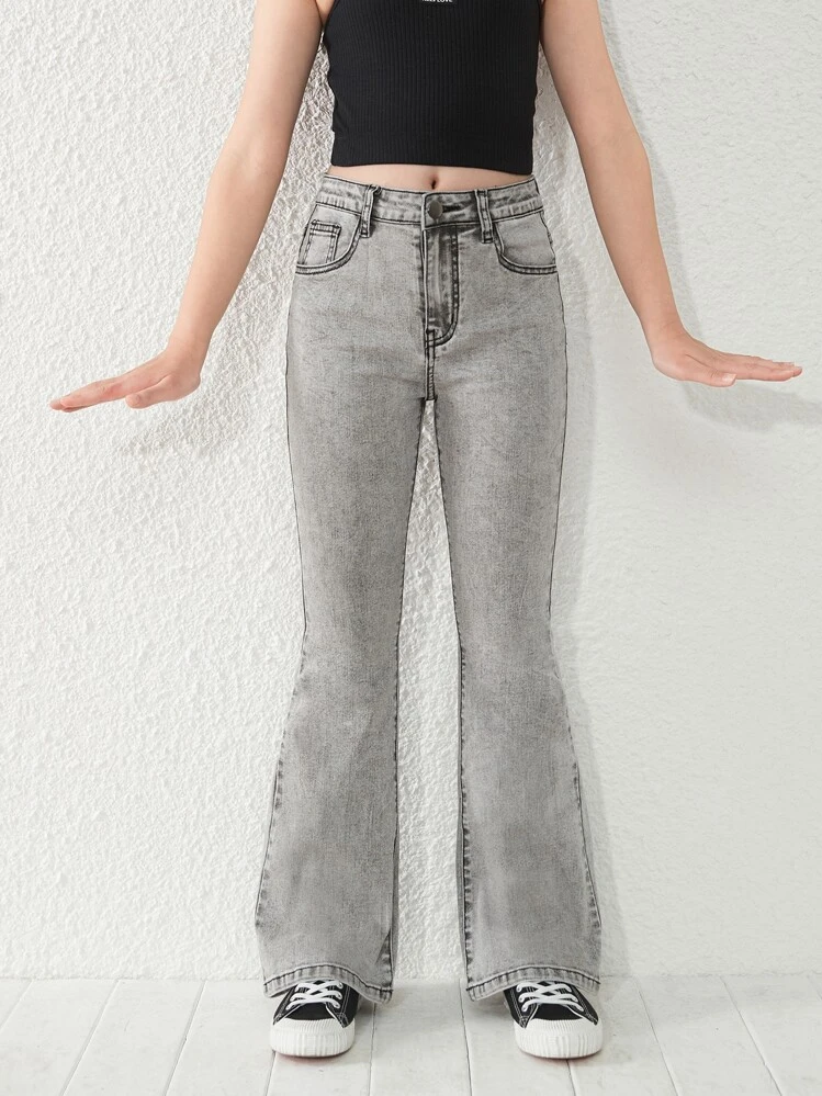 Jeans De Patas Acampanadas Sólidos Para Niña Preadolescente - Gris Claro - Ver 1