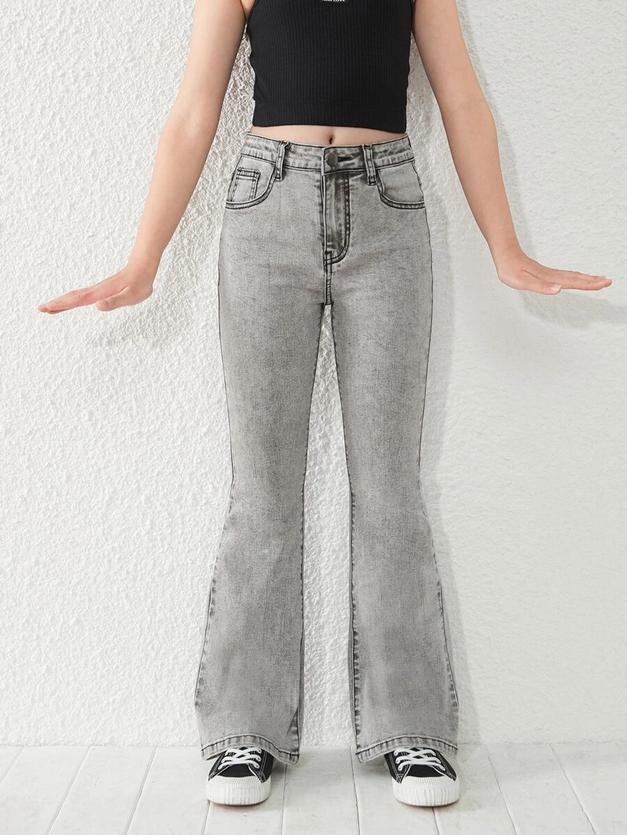 青少年女孩實色喇叭褲 - 淺灰色 - 查看 1