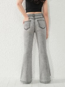 青少年女孩實色喇叭褲 - 淺灰色 - 查看 2