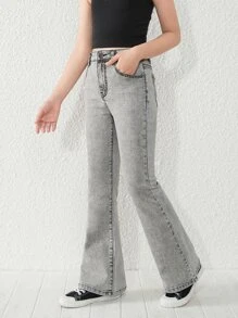 青少年女孩實色喇叭褲 - 淺灰色 - 查看 3