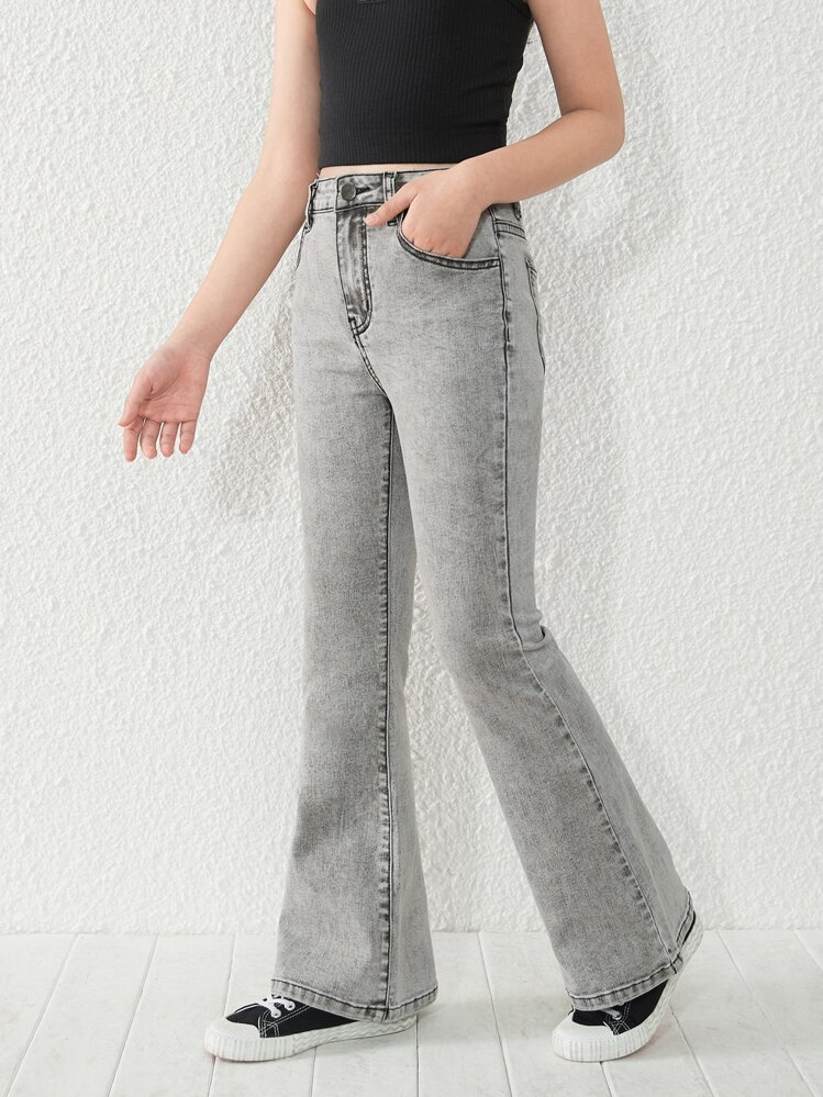 Jeans De Patas Acampanadas Sólidos Para Niña Preadolescente - Gris Claro - Ver 3