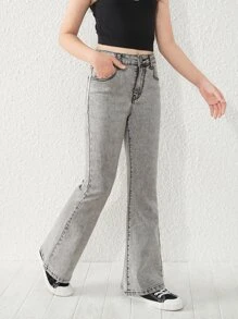 青少年女孩實色喇叭褲 - 淺灰色 - 查看 4