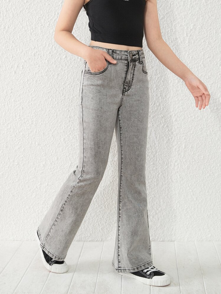 Jeans De Patas Acampanadas Sólidos Para Niña Preadolescente - Gris Claro - Ver 4