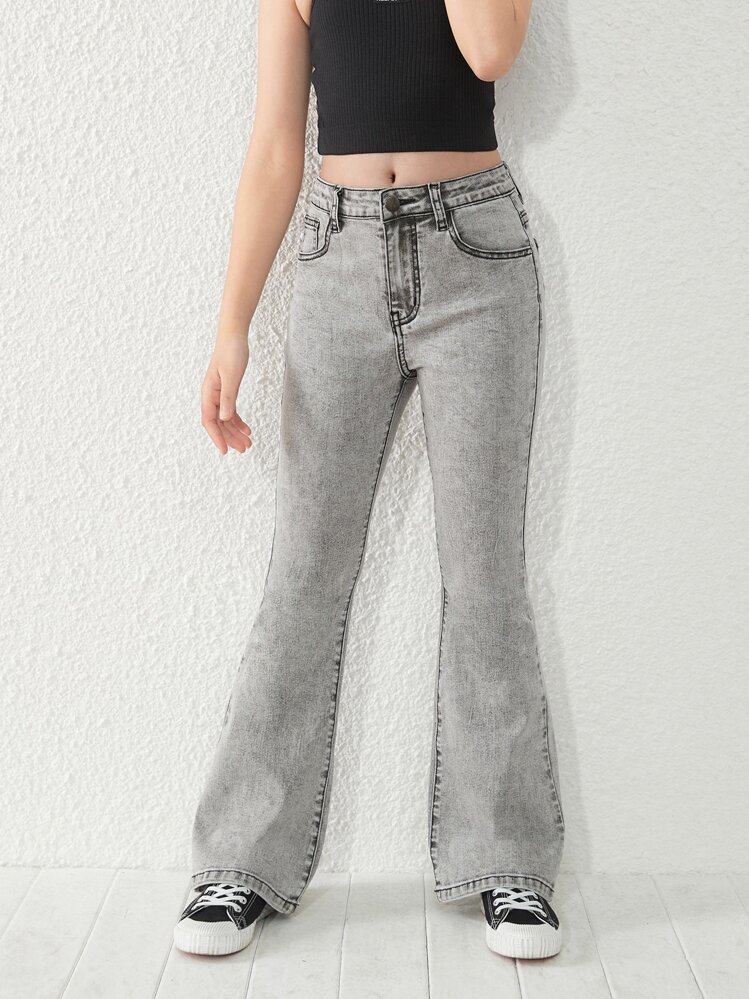 Jeans De Patas Acampanadas Sólidos Para Niña Preadolescente - Gris Claro - Ver 5