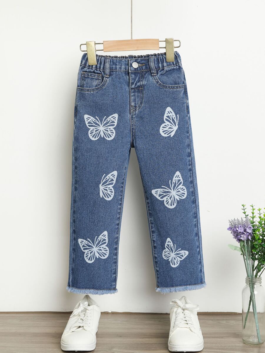 SHEIN Toddler Girls Quần Jeans Túi Hem thô Loại bướm - Rửa tối - Xem 1