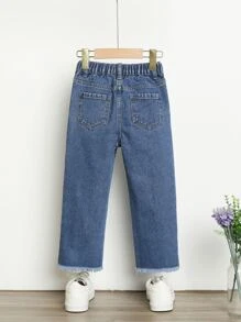 SHEIN Toddler Girls Quần Jeans Túi Hem thô Loại bướm - Rửa tối - Xem 2