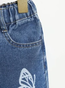 SHEIN Toddler Girls Quần Jeans Túi Hem thô Loại bướm - Rửa tối - Xem 3