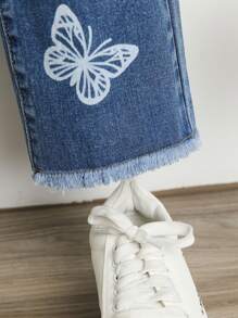 SHEIN Toddler Girls Quần Jeans Túi Hem thô Loại bướm - Rửa tối - Xem 7