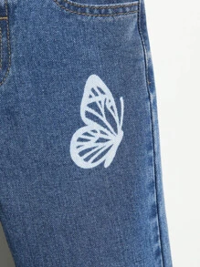 SHEIN Toddler Girls Quần Jeans Túi Hem thô Loại bướm - Rửa tối - Xem 8
