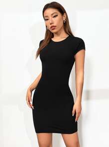 SHEIN Privé 素色露背緊身連衣裙 - 黑色 - 查看 5