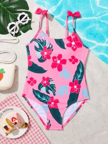Girls Floral Print Bow Shoulder One Piece Swimsuit - Pink - View 1