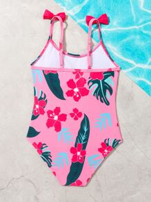 Girls Floral Print Bow Shoulder One Piece Swimsuit - Pink - View 2