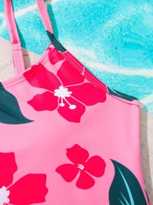Girls Floral Print Bow Shoulder One Piece Swimsuit - Pink - View 3