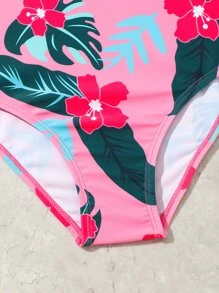 Girls Floral Print Bow Shoulder One Piece Swimsuit - Pink - View 4
