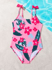 Girls Floral Print Bow Shoulder One Piece Swimsuit - Pink - View 5