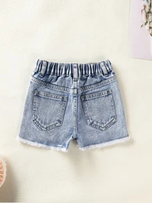 小女童破洞毛邊牛仔短褲 - 淺色水洗藍 - 查看 2
