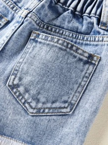 小女童破洞毛邊牛仔短褲 - 淺色水洗藍 - 查看 4